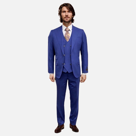 Mens Tiglio Rosso Modern Fit Suit - Blue Pinstripe 100% Wool 3-Piece