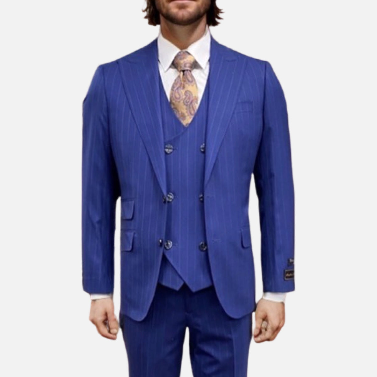 Mens Tiglio Rosso Modern Fit Suit - Blue Pinstripe 100% Wool 3-Piece