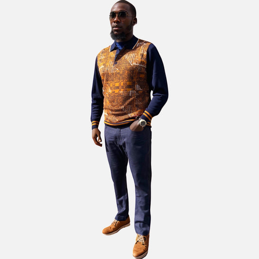 Mens navy blue an cognac sweater polo collar style