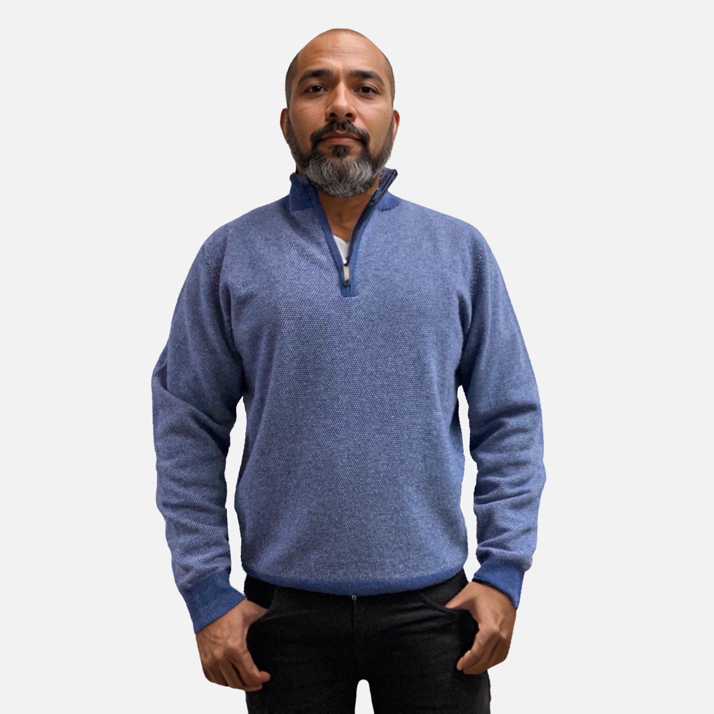 Merino Wool Birdseye Quarter Zip Pullover Sweater for Men - Nordic Blue -  Classic Fit - L