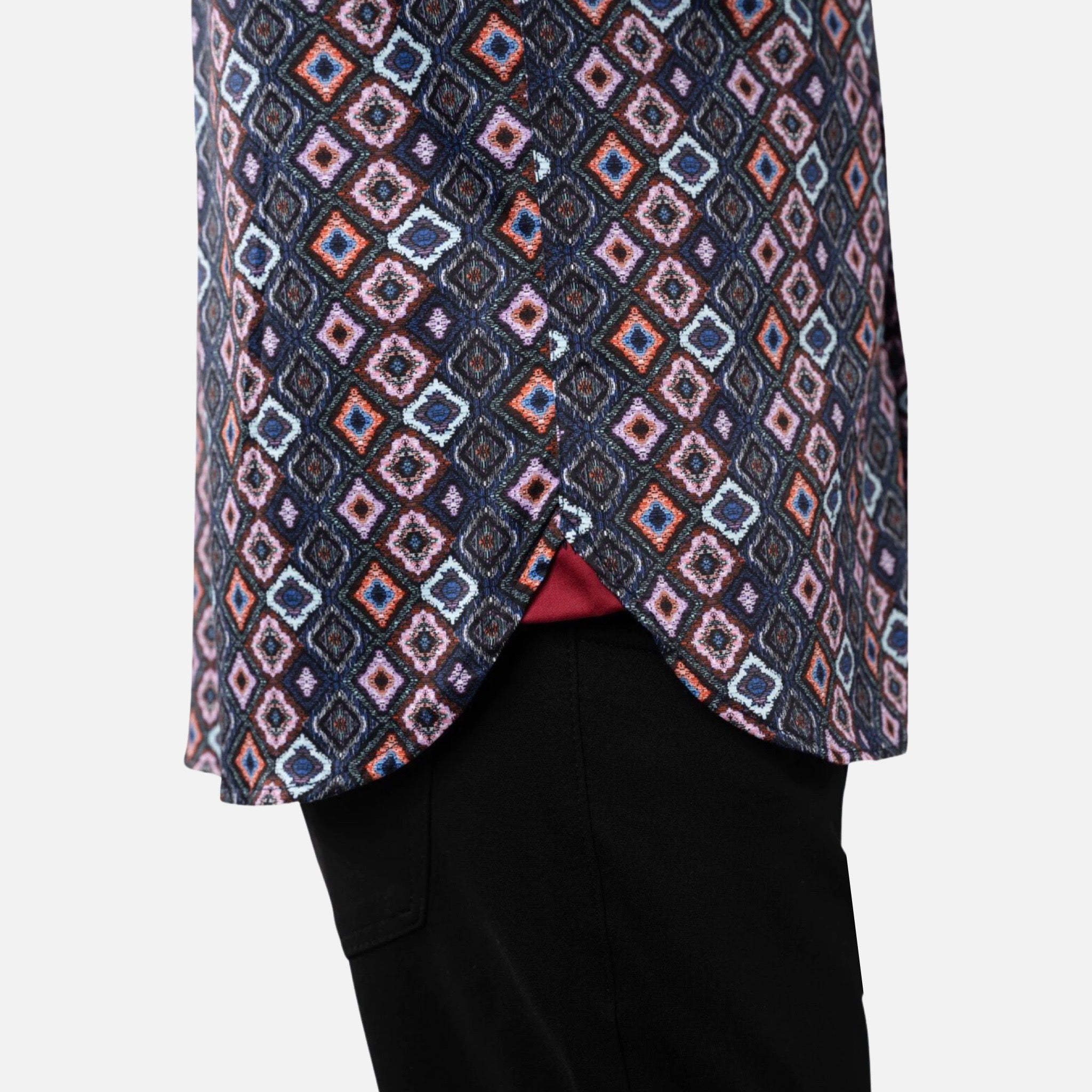 Designer shirt with contrast side inserts for untucked wear Designer shirt with contrast side inserts for untucked wear