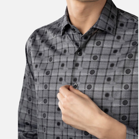 Luchiano Visconti Grey with Black Jacquard Plaid and Circle Shirt 49103 Luchiano Visconti Grey with Black Jacquard Plaid and Circle Shirt 49103