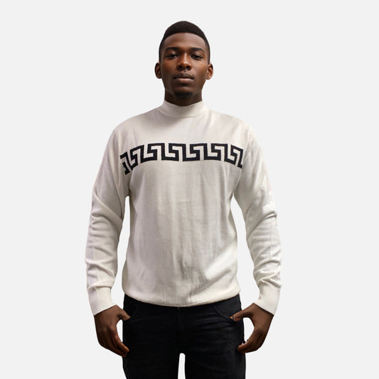 Mens  white mock neck sweater with Greek key design