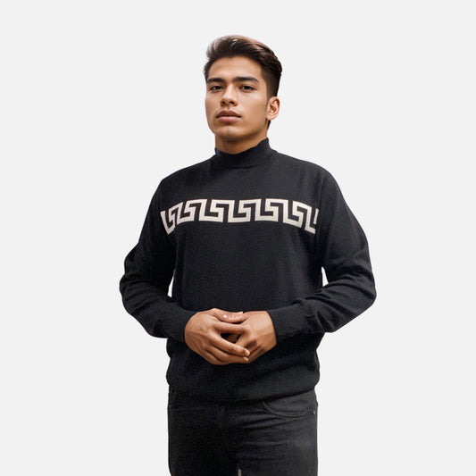 Black mock sweater with white pattern