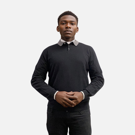 Men’s Lightweight Contrast Polo Collar Sweater Black | Classic Fit