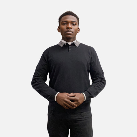 Men’s Lightweight Contrast Polo Collar Sweater Black | Classic Fit Men’s Lightweight Contrast Polo Collar Sweater Black | Classic Fit