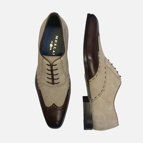 Mezlan Paganini Brown/Taupe Wingtip Suede and Leather Shoe Mezlan Paganini Brown/Taupe Wingtip Suede and Leather Shoe
