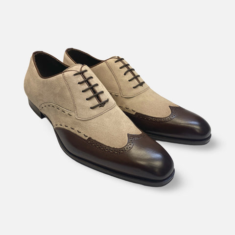 Mezlan Paganini Brown/Taupe Wingtip Suede and Leather Shoe Mezlan Paganini Brown/Taupe Wingtip Suede and Leather Shoe
