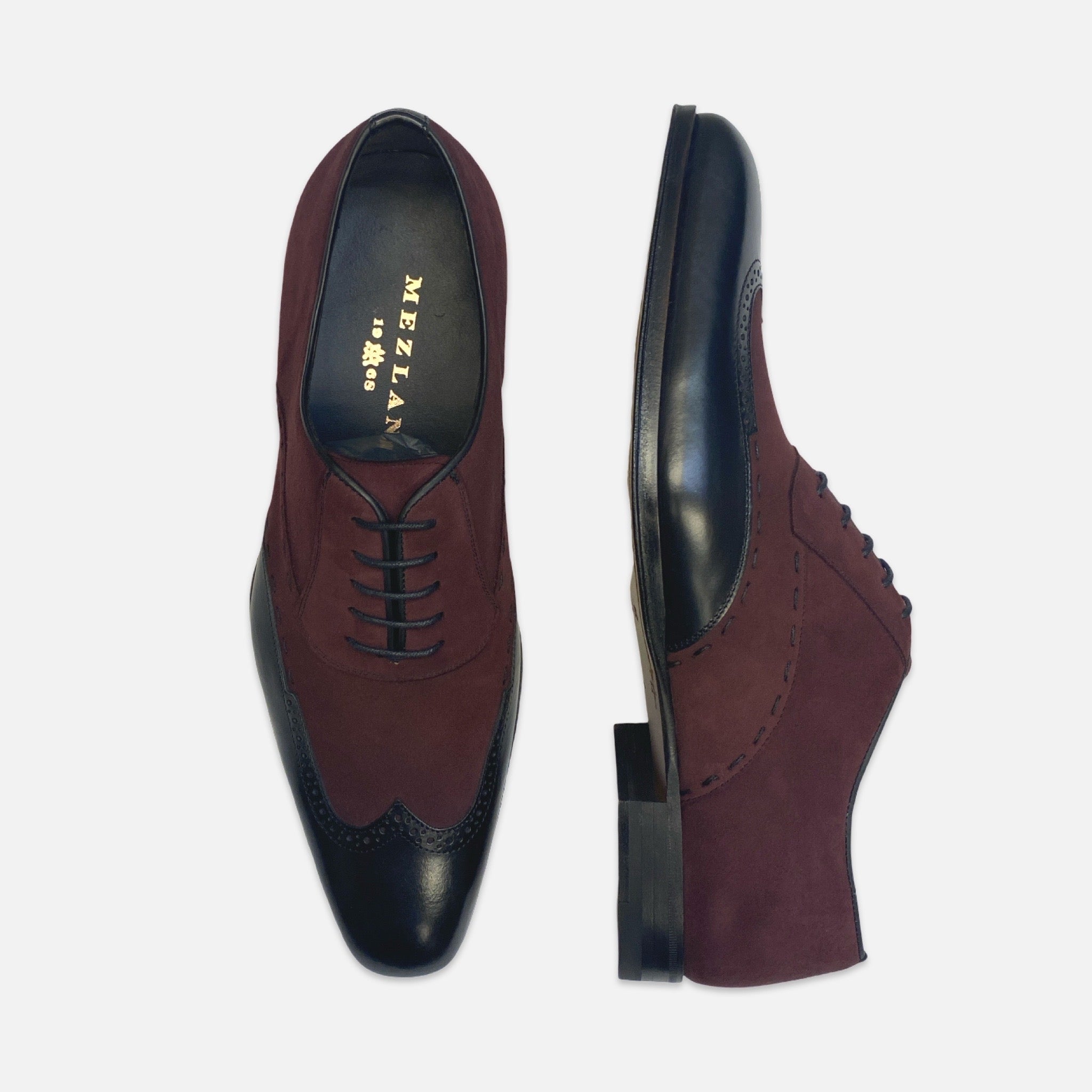 Mens suede and leather wingtip two tone shoe black and grape Mens suede and leather wingtip two tone shoe black and grape