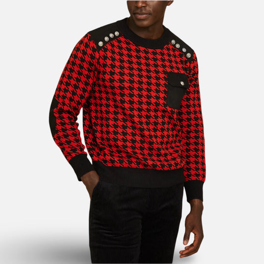 Men’s Red and Black Houndstooth Sweater with Shoulder Detail