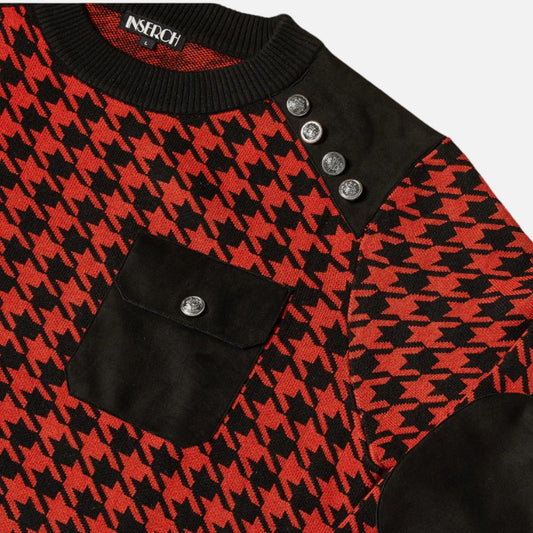 Men’s Red and Black Houndstooth Sweater with Shoulder Detail