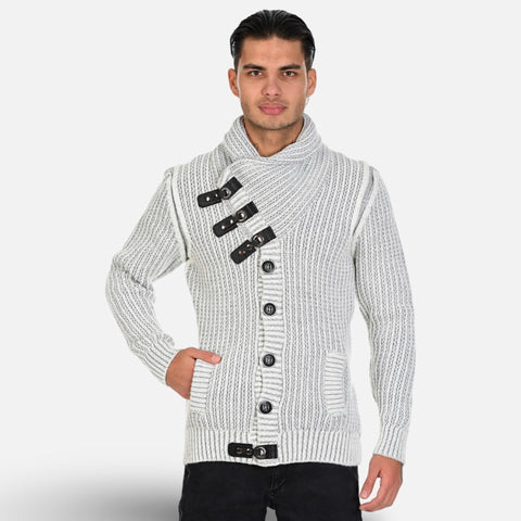 Men’s Slim-Fit Heavyweight Knit Cardigan with Asymmetric Buckle Detail - Ecru/Grey Men’s Slim-Fit Heavyweight Knit Cardigan with Asymmetric Buckle Detail - Ecru/Grey