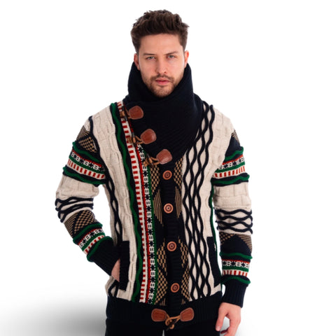 Men’s Thick Knit Patterned Cardigan with toggle shawl collar - Blue Multicolor Men’s Thick Knit Patterned Cardigan with toggle shawl collar - Blue Multicolor