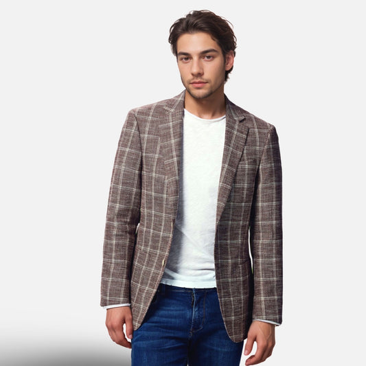 S. Cohen Prestige Men’s Modern-Fit Burgundy Plaid Blazer - Cotton, Linen, Wool Blend