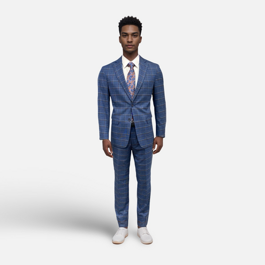 Men’s Blue Plaid Two-Piece Suit – Modern Fit Viscose Blend