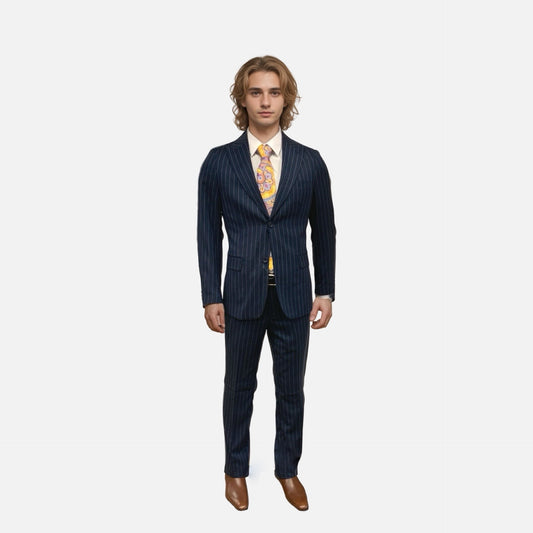 Men’s Navy Blue Pinstripe Suit – Peak Lapel, Modern Fit, Flat Front Pants