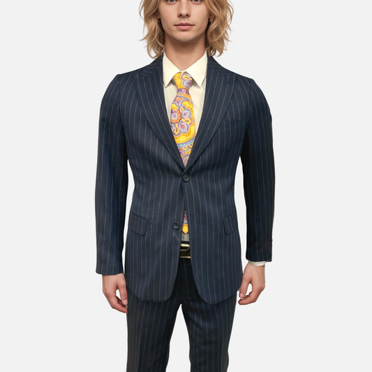 Men’s Navy Blue Pinstripe Suit – Peak Lapel, Modern Fit, Flat Front Pants