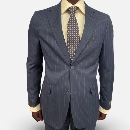Dark Navy Pinstripe Modern Fit Suit – Wool Blend with Silk Finish