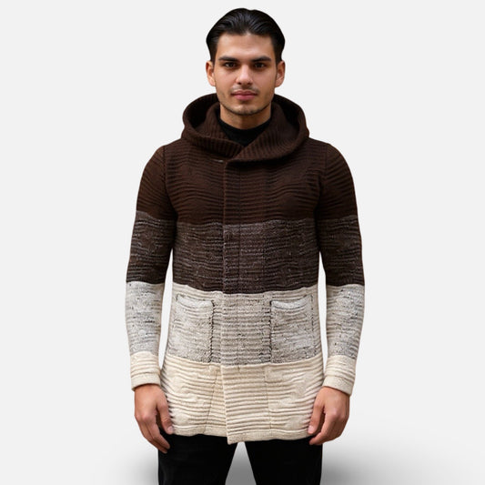LCR Men’s Slim Fit Hooded Sweater – Tan & Brown Gradient Knit | Wool-Blend Lay