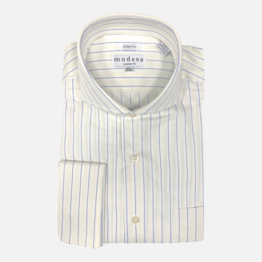 Men’s Off White Shirt with Blue Stripe French Cuff Dress Shirt | Classic Fit