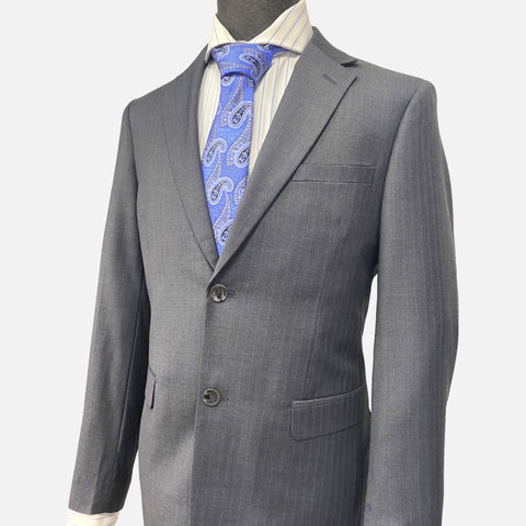 Sophisticated Elegance: Gray Pinstriped Suit with Subtle Blue Stripes | Slim Fit Sophisticated Elegance: Gray Pinstriped Suit with Subtle Blue Stripes | Slim Fit