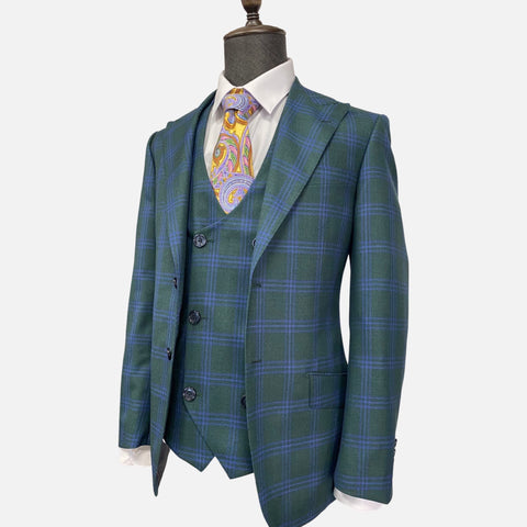 Tiglio Men's Green Plaid Italian Suit - Pure Wool, Classic Fit, 3-Piece with Vest, Peak Lapel, Single Breasted Tiglio Men's Green Plaid Italian Suit - Pure Wool, Classic Fit, 3-Piece with Vest, Peak Lapel, Single Breasted