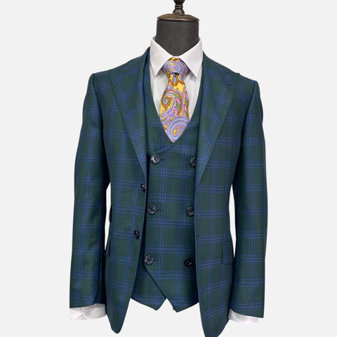 Tiglio Men's Green Plaid Italian Suit - Pure Wool, Classic Fit, 3-Piece with Vest, Peak Lapel, Single Breasted Tiglio Men's Green Plaid Italian Suit - Pure Wool, Classic Fit, 3-Piece with Vest, Peak Lapel, Single Breasted
