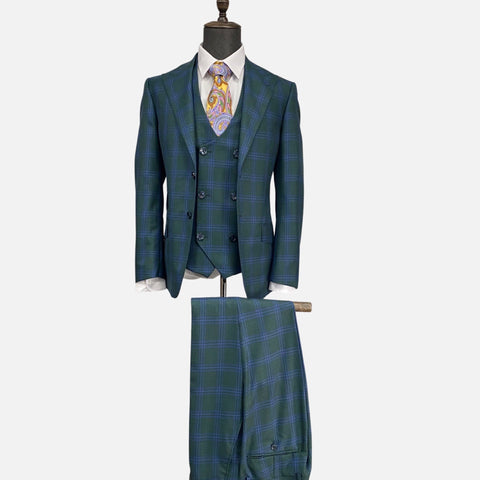Tiglio Men's Green Plaid Italian Suit - Pure Wool, Classic Fit, 3-Piece with Vest, Peak Lapel, Single Breasted Tiglio Men's Green Plaid Italian Suit - Pure Wool, Classic Fit, 3-Piece with Vest, Peak Lapel, Single Breasted