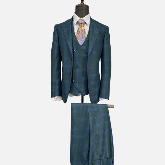 Tiglio Men's Green Plaid Italian Suit - Pure Wool, Classic Fit, 3-Piece with Vest, Peak Lapel, Single Breasted