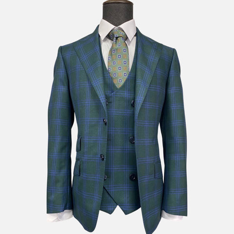 Tiglio Men's Green Plaid Italian Suit - Pure Wool, Classic Fit, 3-Piece with Vest, Peak Lapel, Single Breasted Tiglio Men's Green Plaid Italian Suit - Pure Wool, Classic Fit, 3-Piece with Vest, Peak Lapel, Single Breasted