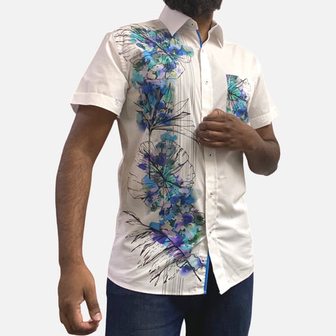 Men's White and Blue Short Sleeve Cotton Button-Up Casual Shirt Men's White and Blue Short Sleeve Cotton Button-Up Casual Shirt