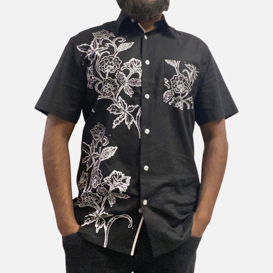 Black Linen Shirt with White Floral Designer - Casual Summer Button-Up