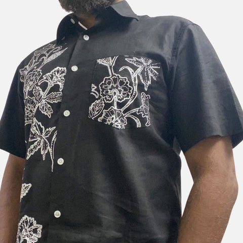 Black Linen Shirt with White Floral Designer - Casual Summer Button-Up