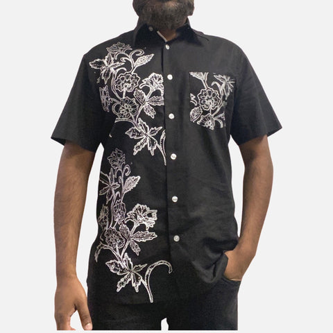Final Sale | Black Linen Shirt with White Floral Designer | Size M Final Sale | Black Linen Shirt with White Floral Designer | Size M
