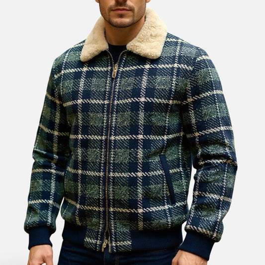 Moss Green Plaid Wool-Blend Bomber Jacket with Removable Shearling Collar | Dolce Vita Fashions