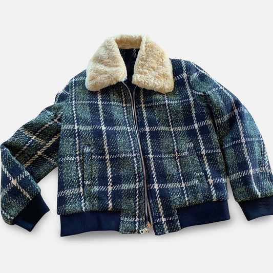 Moss Green Plaid Wool-Blend Bomber Jacket with Removable Shearling Collar | Dolce Vita Fashions