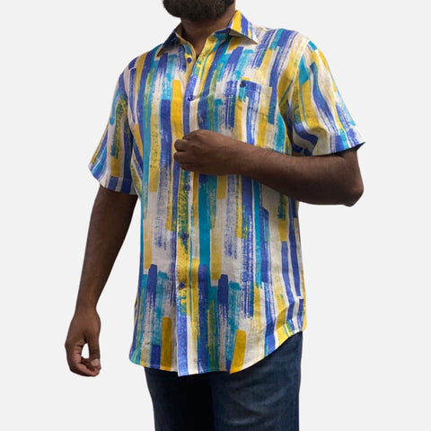 Men’s 100% Linen Casual Summer White Multi Shirt Men’s 100% Linen Casual Summer White Multi Shirt