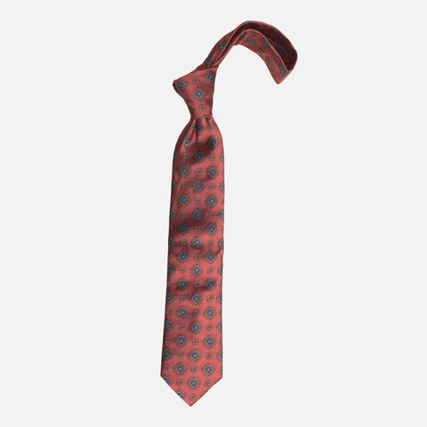Handmade 100% Silk Tie – Brick Red with Blue and Gold Medallion Pattern Handmade 100% Silk Tie – Brick Red with Blue and Gold Medallion Pattern