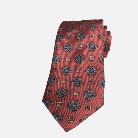 Handmade 100% Silk Tie – Brick Red with Blue and Gold Medallion Pattern Handmade 100% Silk Tie – Brick Red with Blue and Gold Medallion Pattern