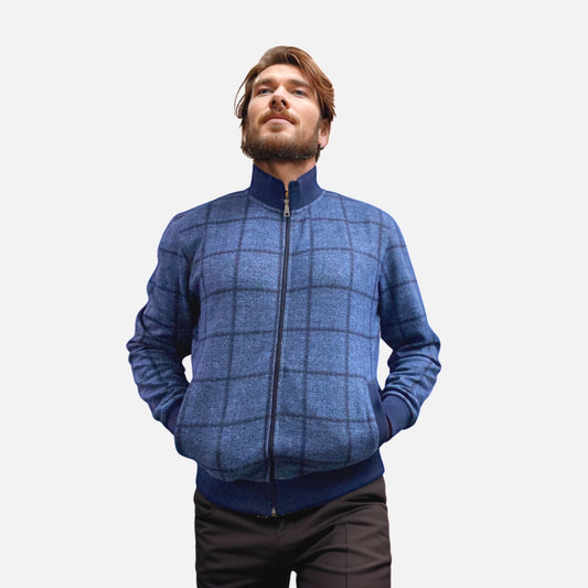 Blue plaid bomber jacket for men