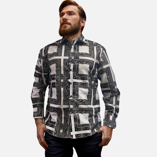 Final Sale | Men's Slim Fit White Shirt with Black Flocking & Contrast Inner Cuff