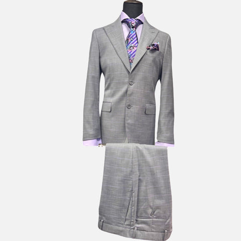 Gray with Lavender Plaid Striped Suit - Wool and Silk Blend, Modern Fit Gray with Lavender Plaid Striped Suit - Wool and Silk Blend, Modern Fit
