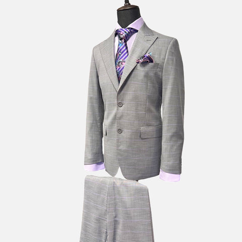 Gray with Lavender Plaid Striped Suit - Wool and Silk Blend, Modern Fit Gray with Lavender Plaid Striped Suit - Wool and Silk Blend, Modern Fit