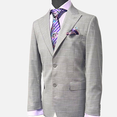 Gray with Lavender Plaid Striped Suit - Wool and Silk Blend, Modern Fit Gray with Lavender Plaid Striped Suit - Wool and Silk Blend, Modern Fit