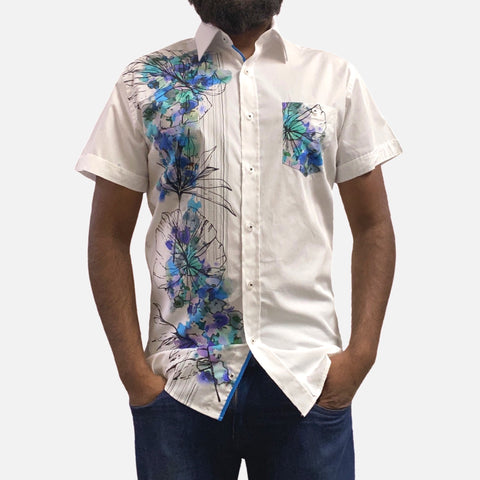Men's White and Blue Short Sleeve Cotton Button-Up Casual Shirt Men's White and Blue Short Sleeve Cotton Button-Up Casual Shirt