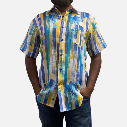 Men’s 100% Linen Casual Summer White Multi Shirt Men’s 100% Linen Casual Summer White Multi Shirt