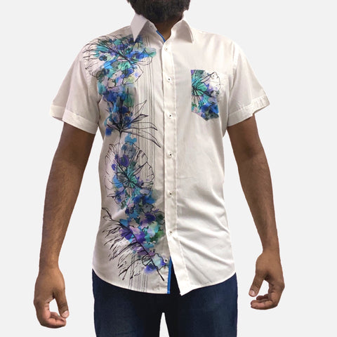 Men's White and Blue Short Sleeve Cotton Button-Up Casual Shirt Men's White and Blue Short Sleeve Cotton Button-Up Casual Shirt