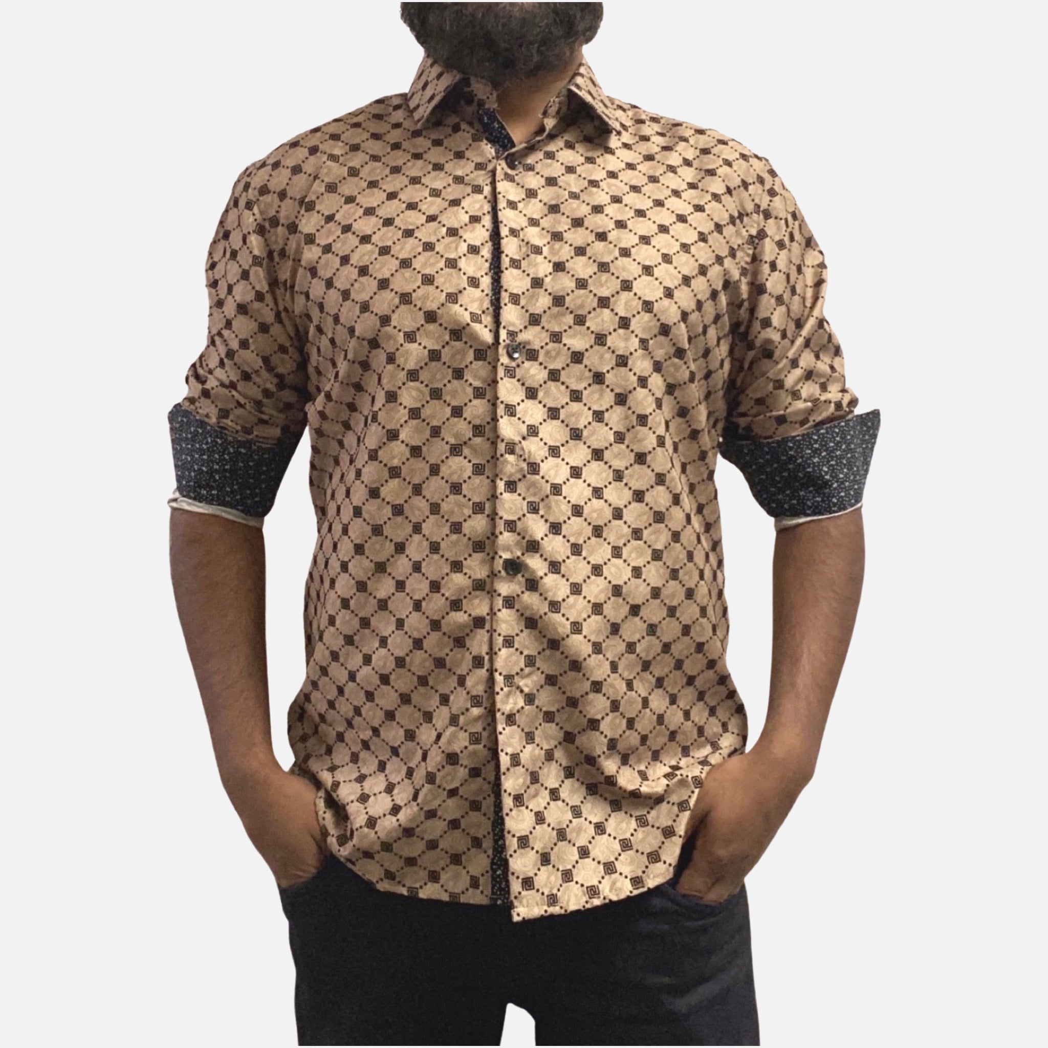 Mens tan slim fit shirt wit contrast under cuff Mens tan slim fit shirt wit contrast under cuff