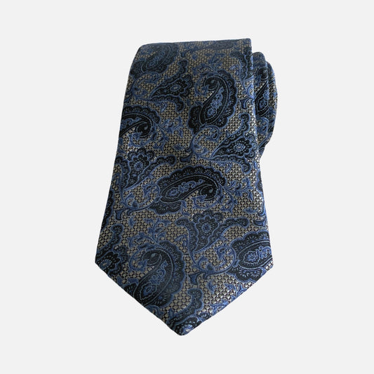 Premium Textured Silk Necktie for Men Blue and Gray Paisley