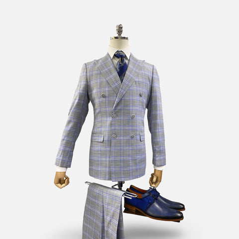 Men's Double Breasted Gray Slim Fit Plaid Suit